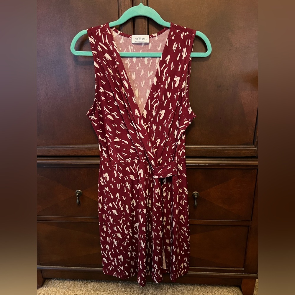 Sleeveless burgundy faux wrap dress